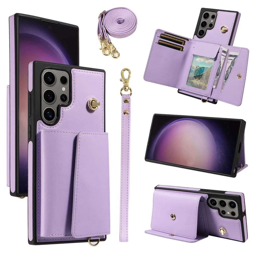 For Samsung Galaxy S24 Ultra Crossbody Phone Case Card Holder Kickstand Leather Coated TPU Mobile Cover