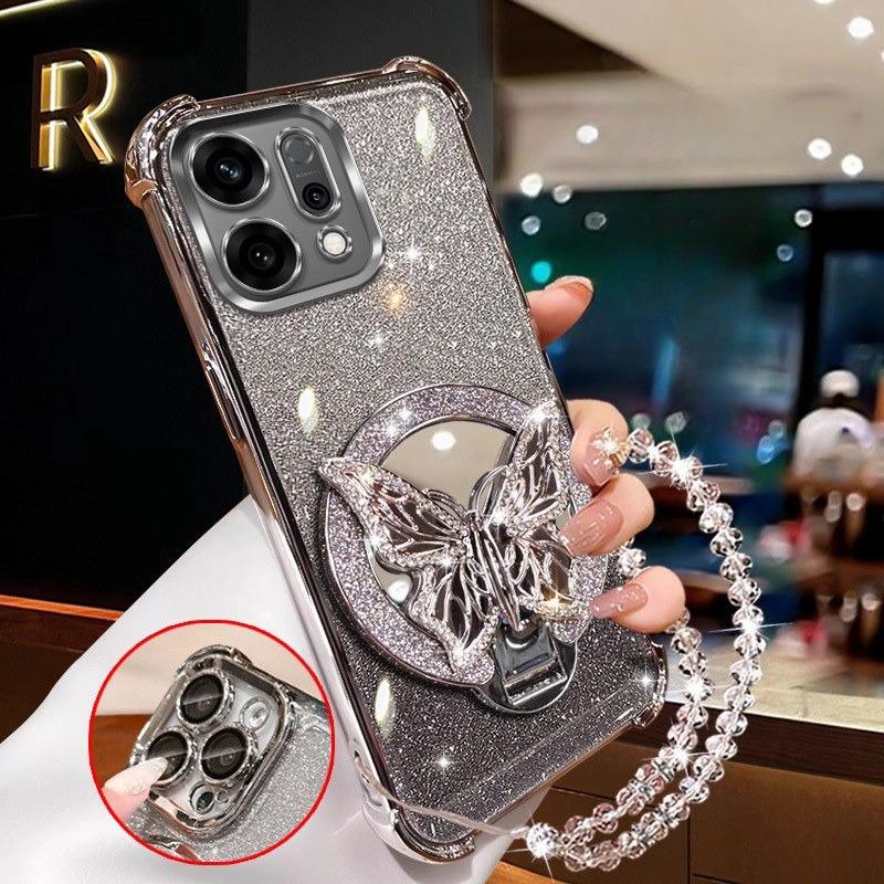Glitter Butterfly Mirror Crystal Bracelet Case For OPPO Reno 14 13 12 11 10 Pro Plus Shockproof Plating Silicone Cover