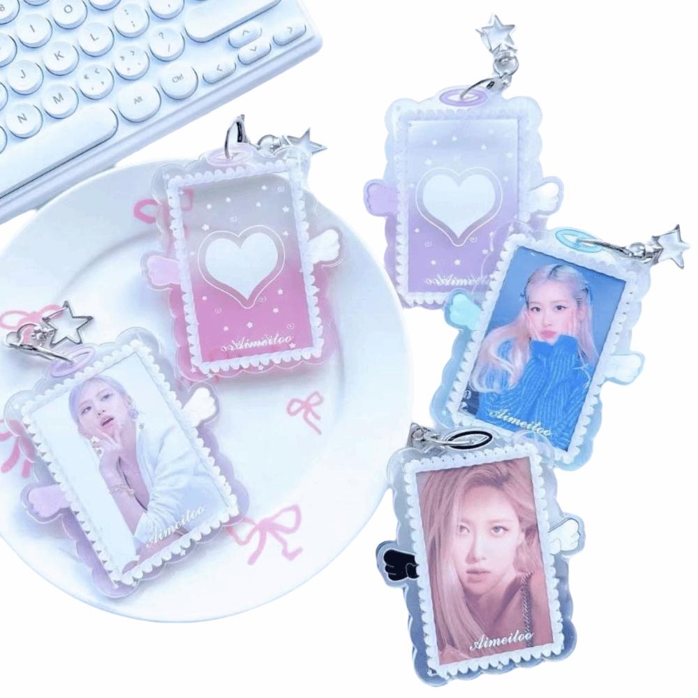 3 Inch Card Holder Clear Acrylic Display Kpop Photocard Holder with Keychain Colorful Angel Wings Star Holder Bags Bag Pendant