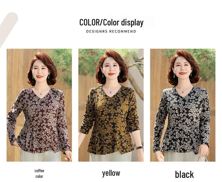 Fashionable Floral V-Neck Blouse for Middle-aged Women - Long-Sleeved Spring Top
