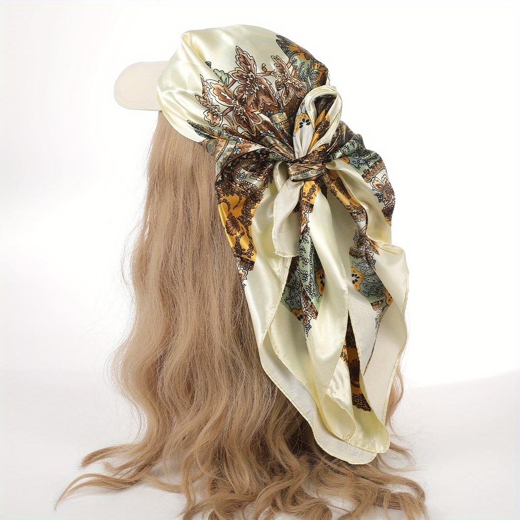 European and American colored large square scarf hat, satin simulated silk scarf, holiday headscarf with brim, one-piece headscarf hat hair accessory