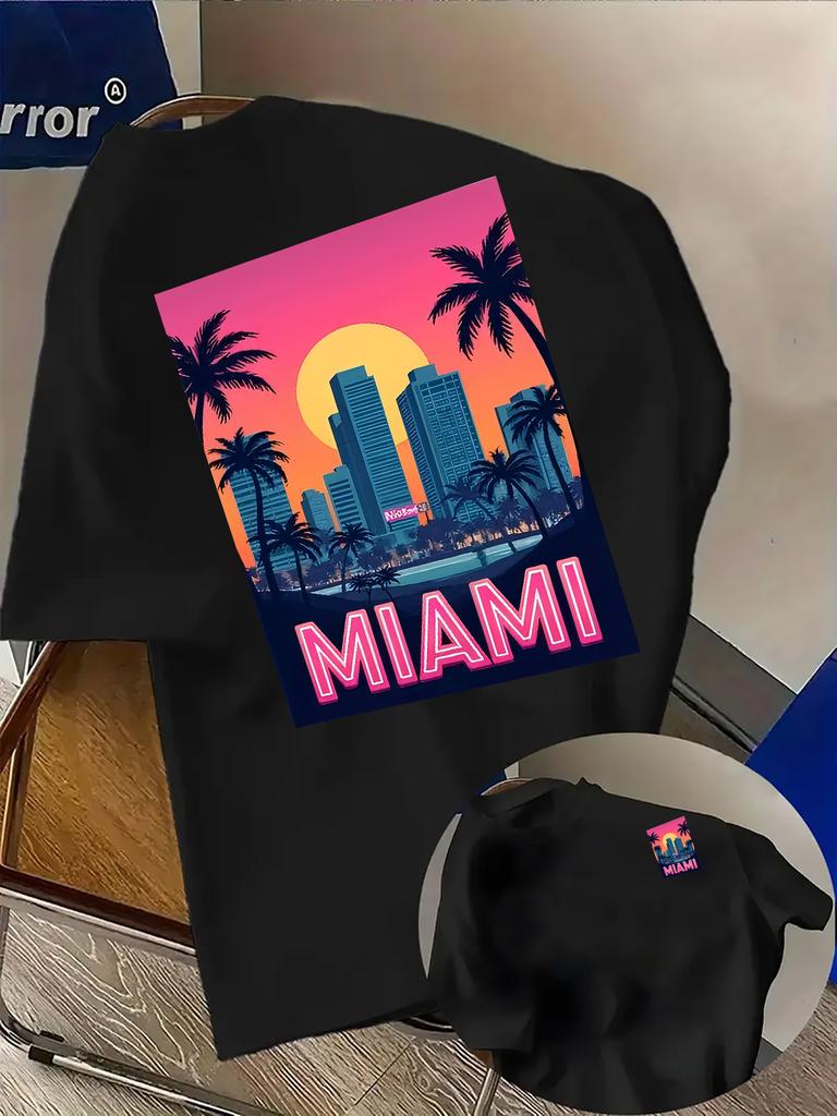 Miami City Sunset Skyline Print on Premium Soft Mens T Shirt Perfect for Summer Casual Vacation Streetwear Style