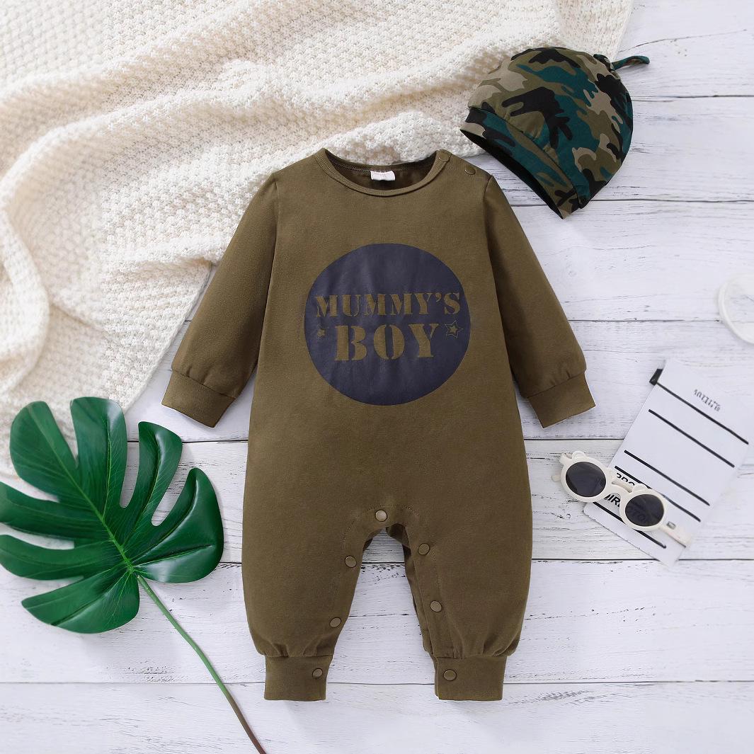 

Infant Autumn Outfit: Long-Sleeve Letter Bodysuit + Camouflage Pants & Hat Set 86
