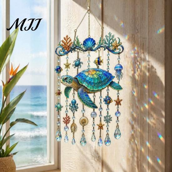 Balcony Hanging Decor Ocean-Themed Wind Chime Decoration, Animal Sun Catcher with Faux Crystal Drops, Underwater World Stained Glass Acrylic Ornament