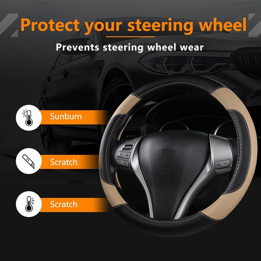 Leather Car Steering Wheel Cover, Non-Slip Car Wheel Cover, Protective Breathable Microfiber Leather, Universal Fit for Most Car