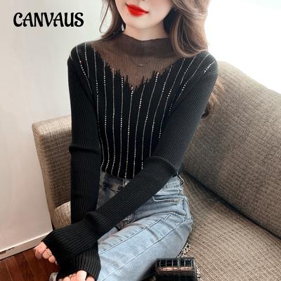 Autumn and Winter Women's Knitwear Mesh Splicing Hot Diamond Half-high Neck Knitwear Knitted Bottoming Shirt Long-sleeved Tops