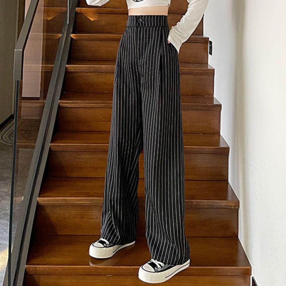 Workout Trousers Casual Pants Women High Waist Wide Leg Pants Breathable Striped Suit Pants Female