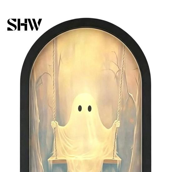Dekorativer Holzrahmen Leuchtender Geisterspiegel, Gewölbter Geist/Sensenmann Halloween Beleuchteter Bogen Spiegel Weiches Umgebungslicht für Kaminsims, Hausparty