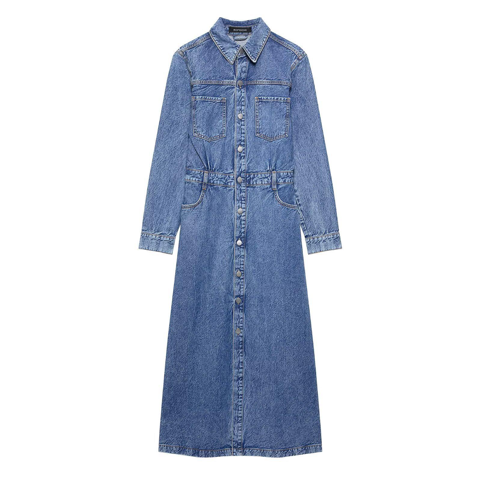 

Spring Women s Denim Lapel Long Sleeve Dress Extra Small