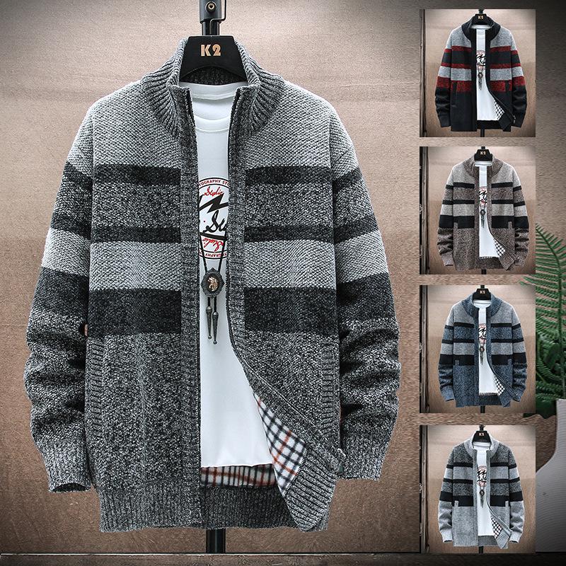 Herren Gestreifter Fleecegefütterter Stehkragen Cardigan - Herbst/Winter Freizeitstrickjacke