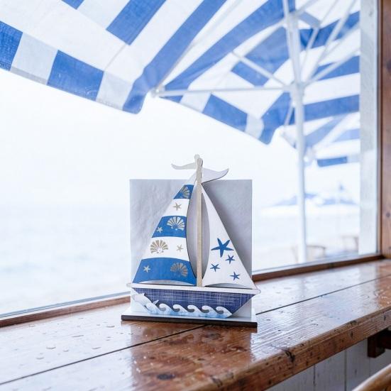 Wooden Paper Towel Holder, Universal Size Solid Wood Paper Towel Stand with Ocean Style Tropical Fish Sailboat Patterns for Kitchen Dining Table Decor