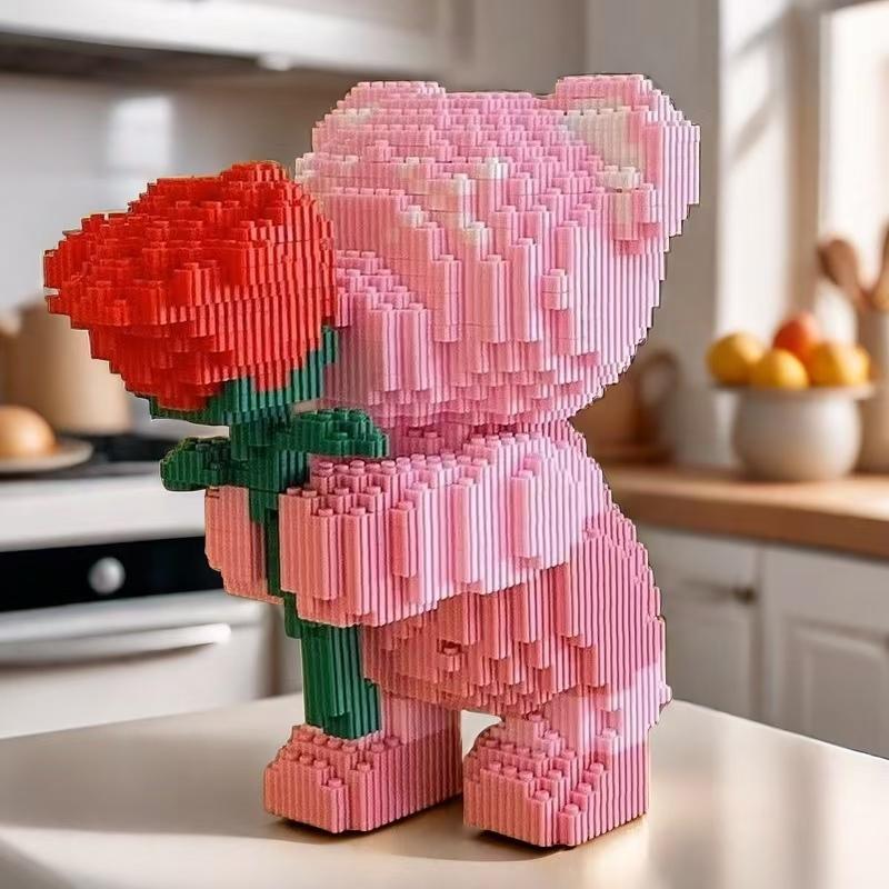 3856-Piece Building Block Set Rose Bear, Romantic Bear Holding Roses, Suitable for Gifting, Great Choice for Couples and Parents