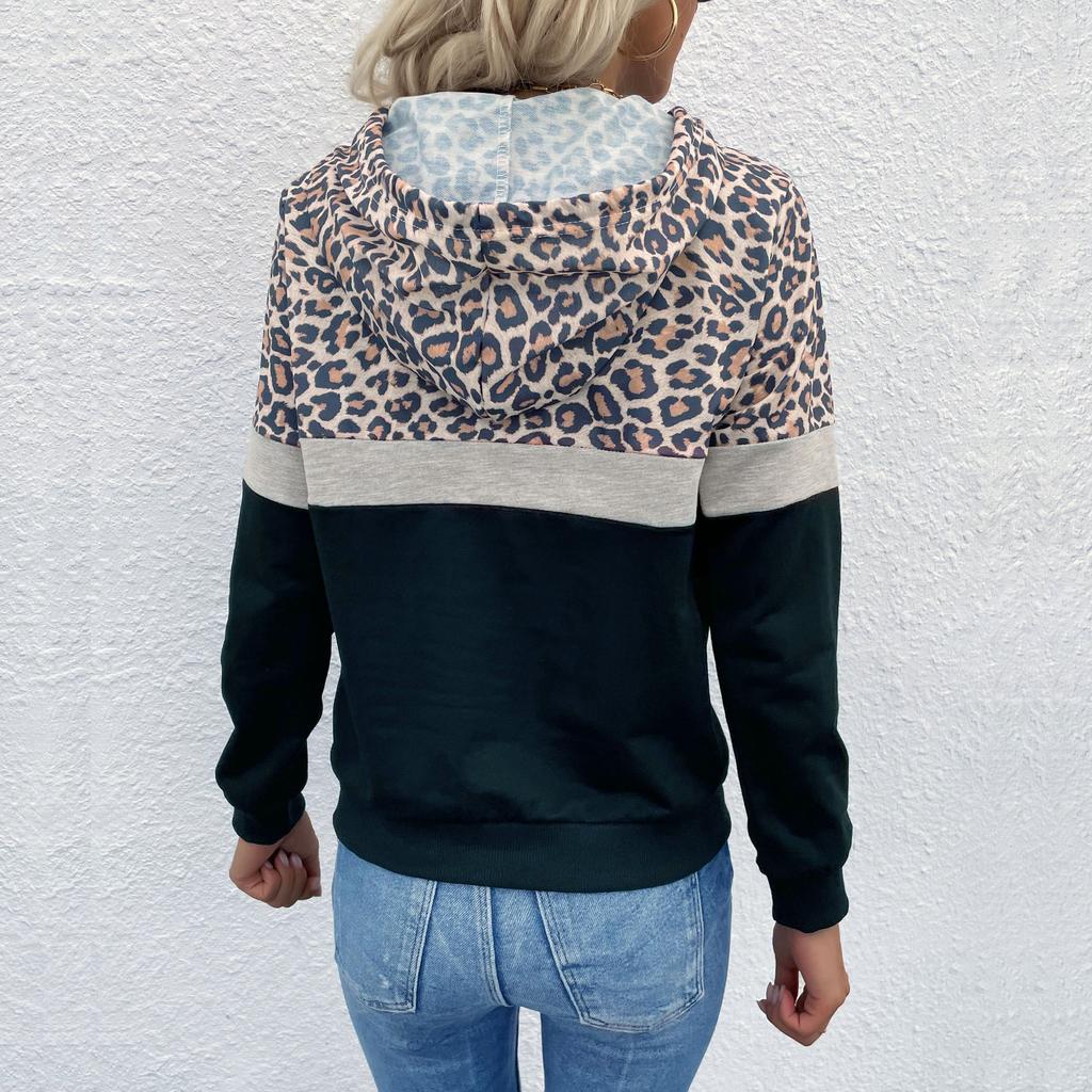 Leopard Print Patchwork Women Hoodie Loose Winter Fall Pocket Sweatshirt