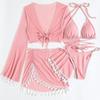 Swimsuit Women's Split Three Four Piece Set Solid Color Tassel Lace Up Long Sleeve Bikini Suits