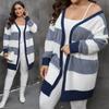 Women's Cardigan Autumn and Winter European and American Large-size Women's Clothing Contrasting Colors Striped Splicing Woven Casual Sweater Jacket 