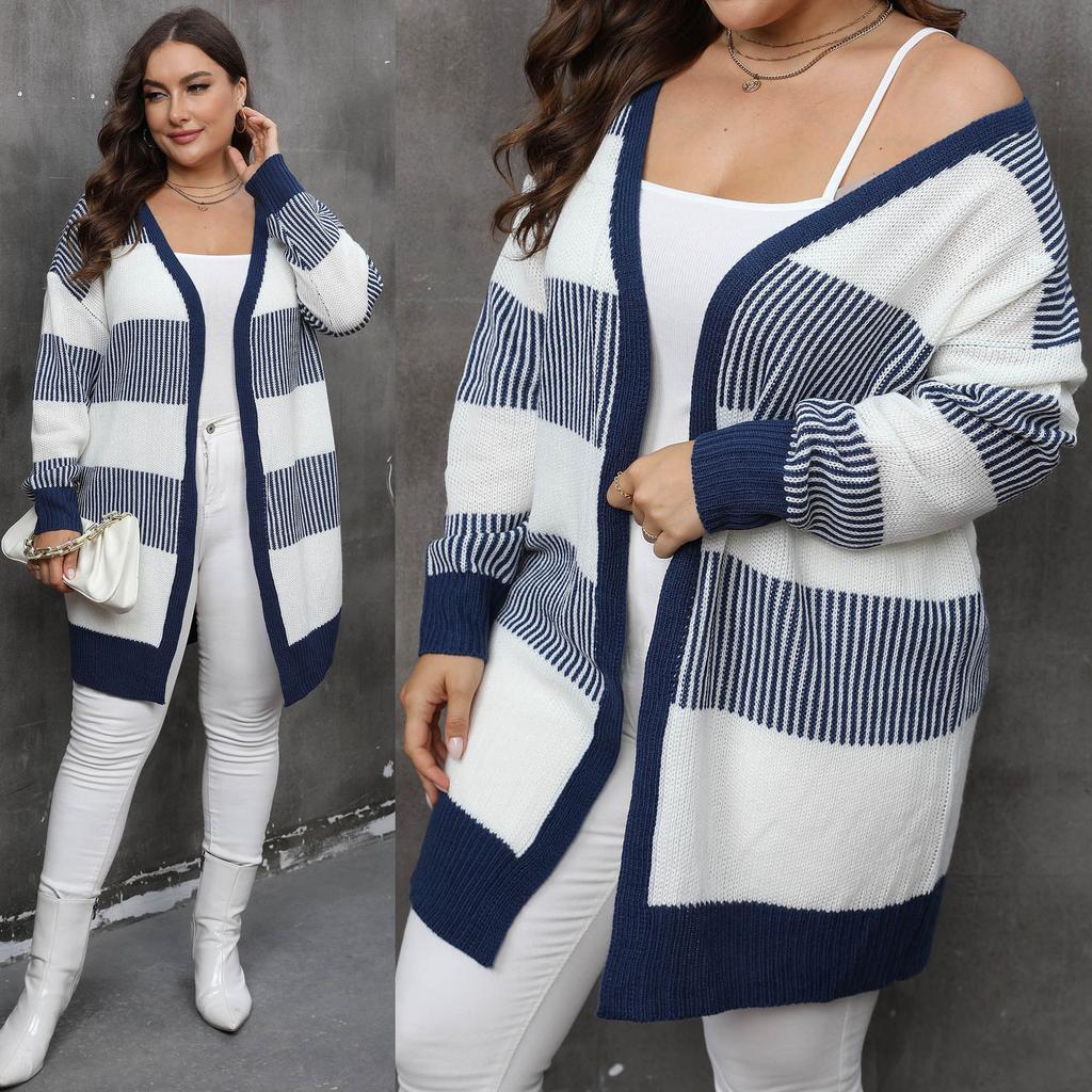 Women's Cardigan Autumn and Winter European and American Large-size Women's Clothing Contrasting Colors Striped Splicing Woven Casual Sweater Jacket