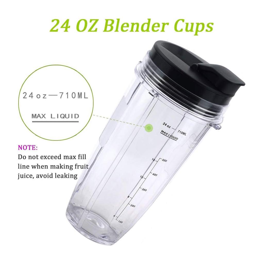 24oz Blender Cups and 7 Fins Blade for Ninja Nutri Replacement Cups with Sip and Seal Lids Perfect Fit for BL480