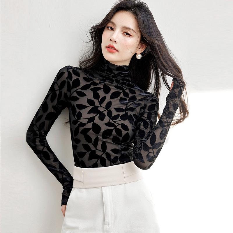 

Elegant Women s Slim-Fit Lace Top, Half-High Collar, Spring/Autumn 2026 Style - Versatile & Flattering L чорний/лист