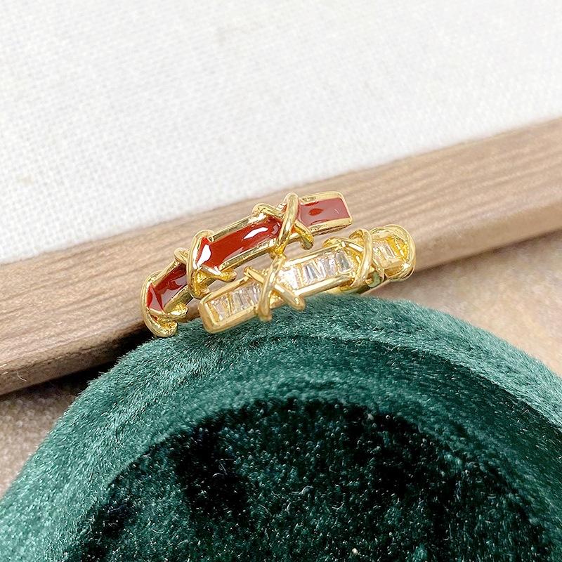 Ankola Red Drip Glaze Open Ring Women'S Light Luxury Niche High-End Index Finger Ring Retro White Stacked Wearing Ring