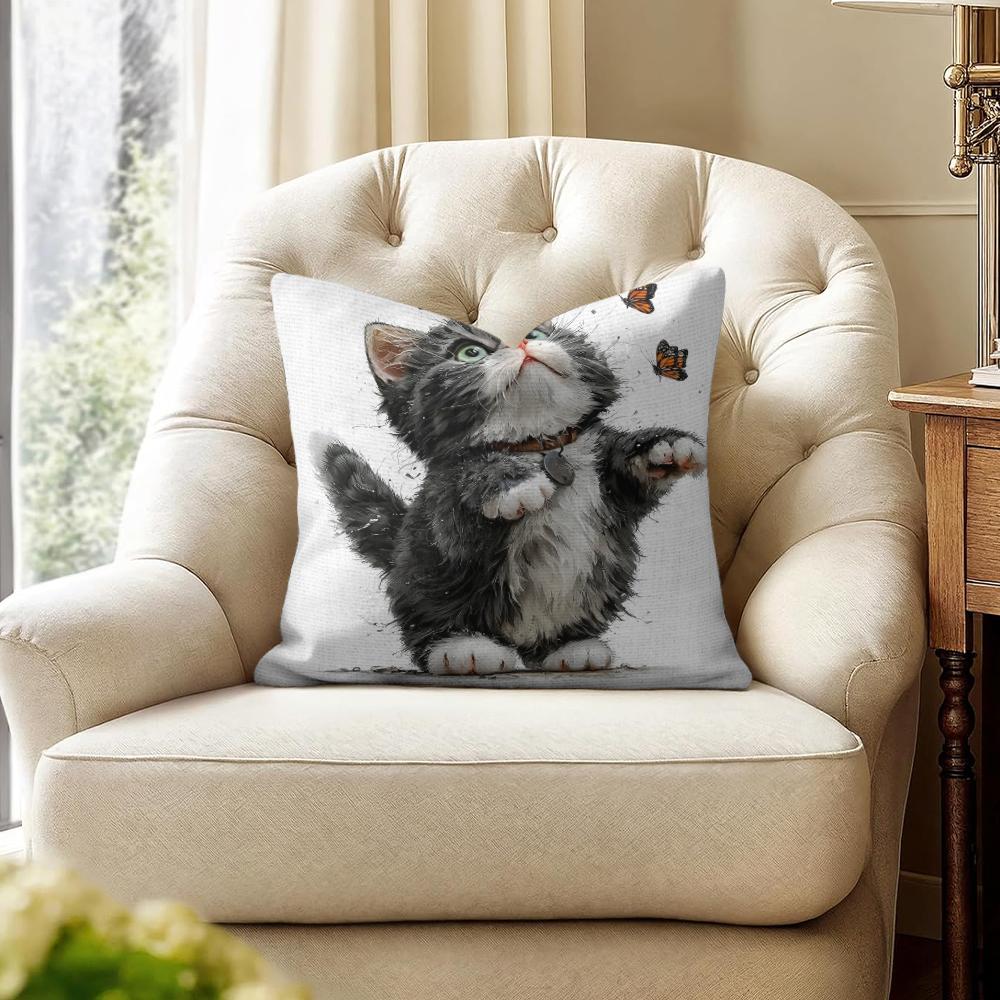 Cute Cat and Flower Cushion Cover Natural Linen Organic Fabric DoubleSided Printing Couch Pillow Covers Home Decor