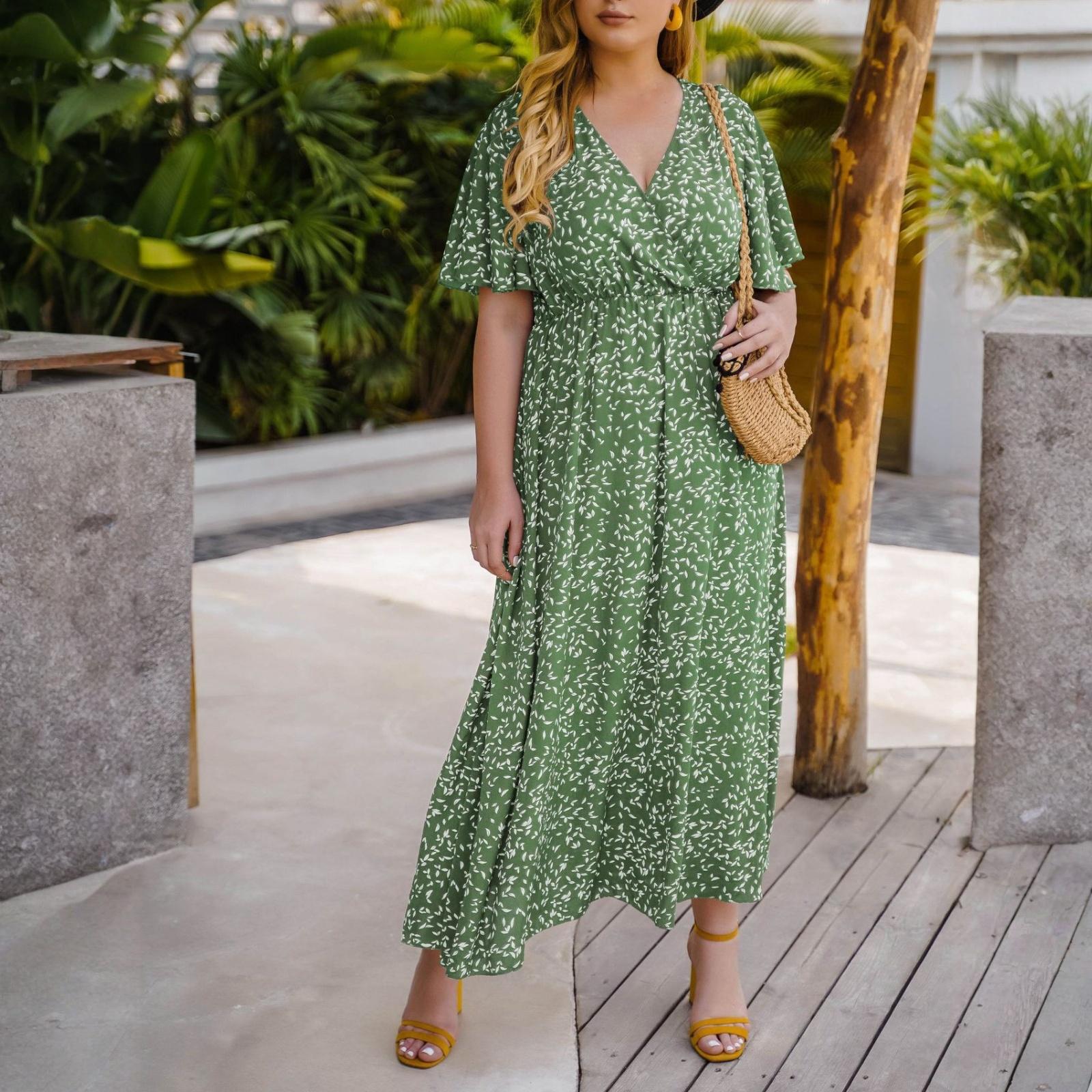 

Women s Fashionable Plus Size Floral Print V-neck Short Sleeved High Waisted Loose Dress XXXL зелений