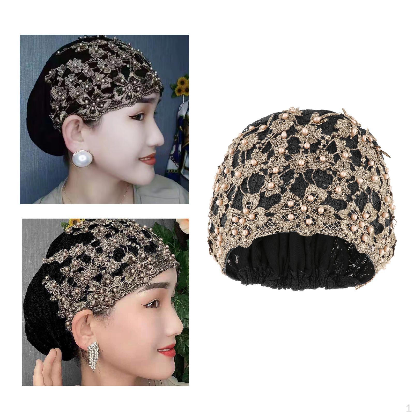 

Women Lace Beanie Breathable Outdoor Jacquard Cancer Chemo Hat Comfortable Woman Headwear Headscarf чорний