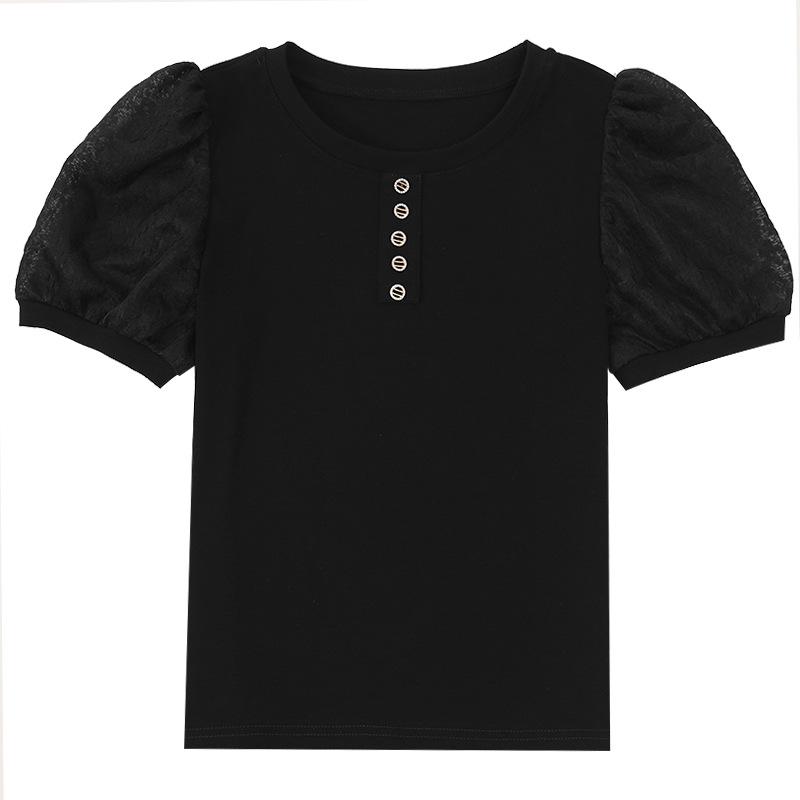 Été Patchwork dentelle fleur manches bouffantes coton T-Shirt boutons col rond femmes élégantes dames mince hauts à la mode
