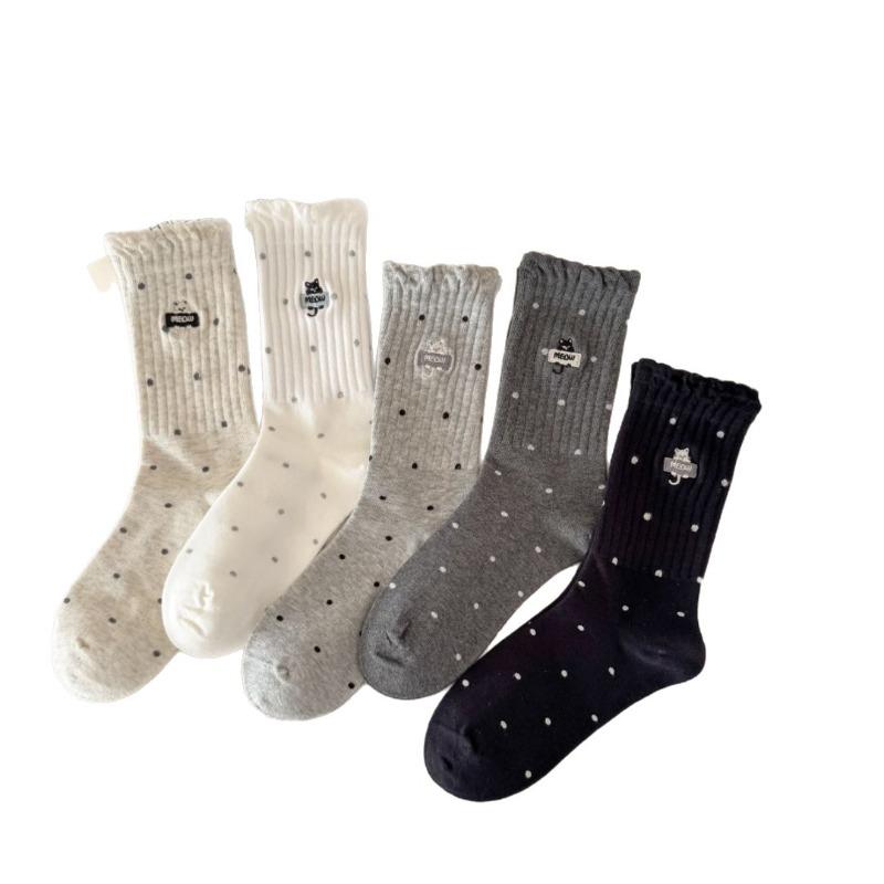 Autumn and Winter Embroidered Cat Polka Dot High Rubber Band Versatile Socks, Women's Mid-calf Socks, Bubble Mouth Lace Long Socks