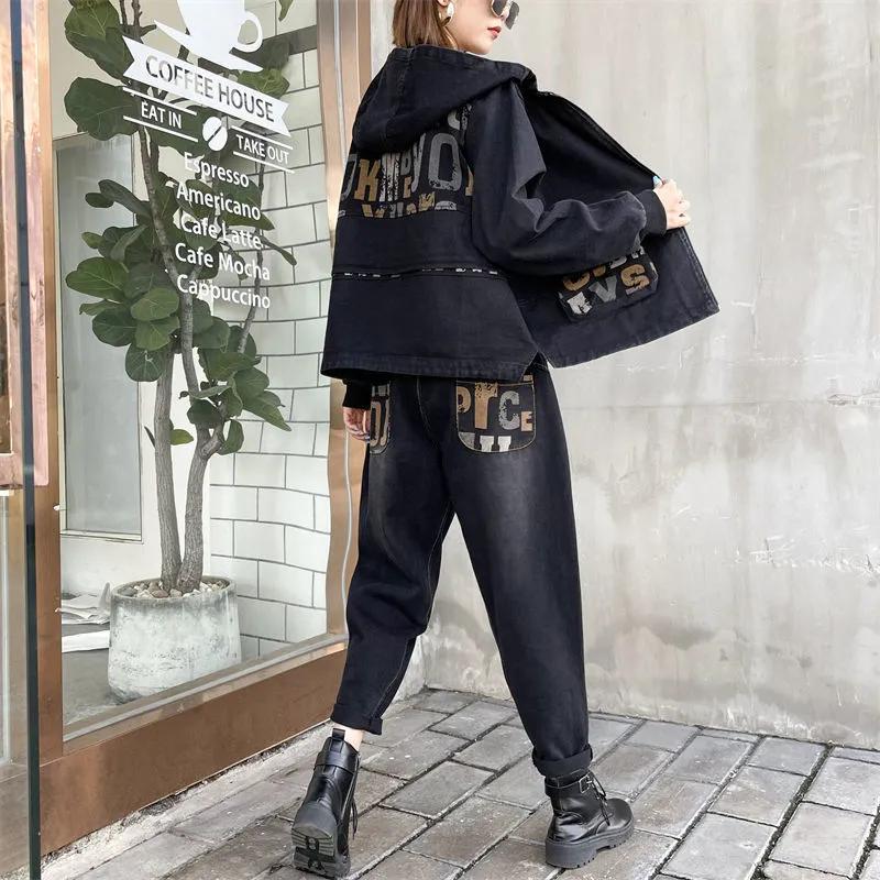 Dam Vår/Höst Tryckt Set Casual Huvförsedd Denimjacka + Byxor Retro Tvådelat Set