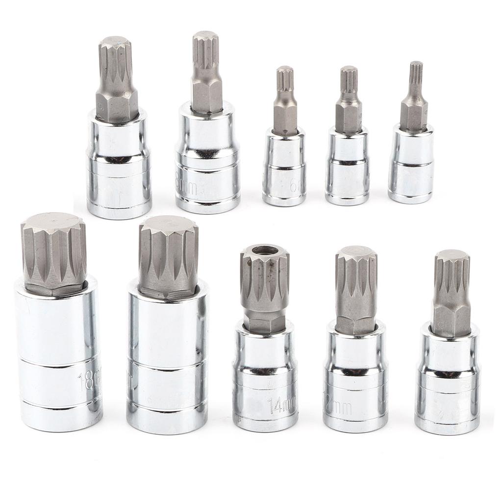 10Pcs 12 Point Triple Splined Bit Socket Set M4- 1Celsius4 3Celsius8 1Celsius2 Drive Repair Tool Kit for Automobile Maintenance