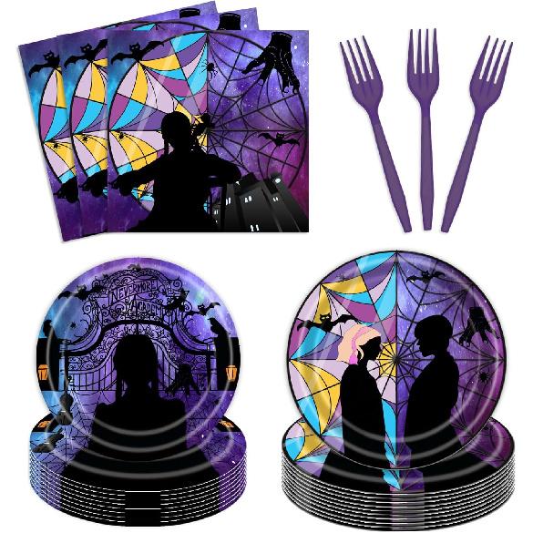 96 Pcs Wednesday Plates and Napkins Party Supplies Gothic Wednesday Party Supplies Including Wednesday Party Plates and Napkins Forks, Wednesday
