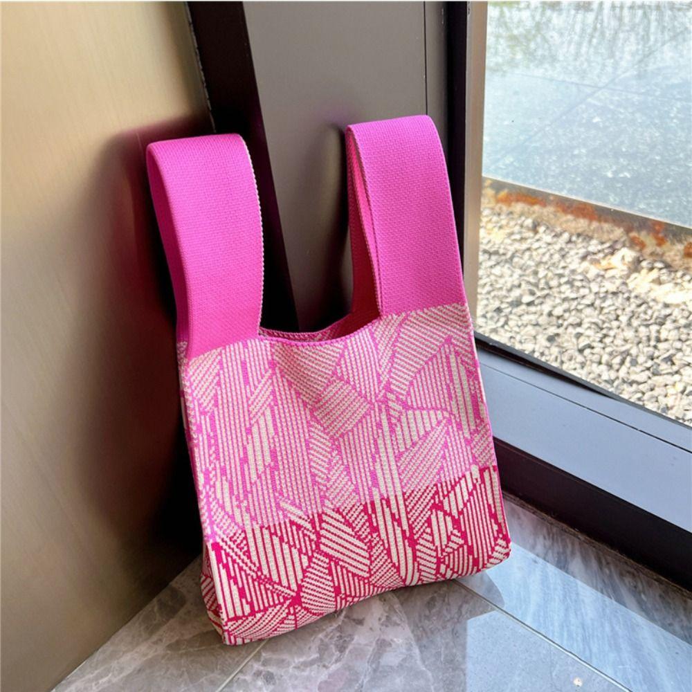 Reusable Shoulder Bag Women Girls Handmade Knot Wrist Bag Tote Bag Knit Handbag