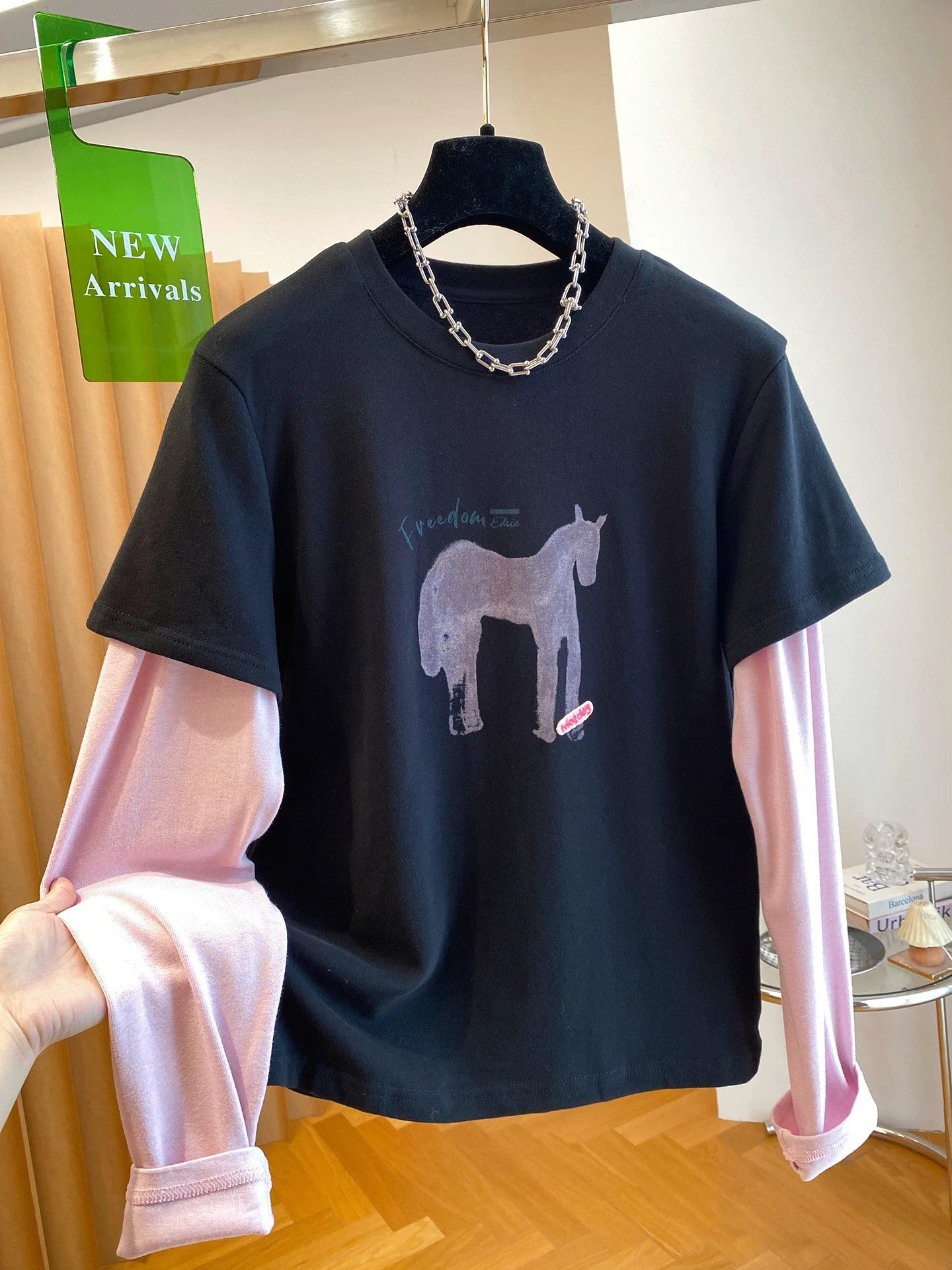 

Plus Size Printed Horse T-Shirt: 92% Cotton, 8% Spandex, Early Spring Casual, Fake Two-Piece Design, 40 Count. 4XL чорний