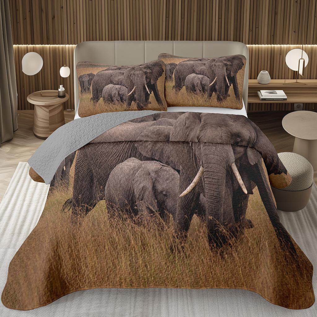 Elephant Quilt Set, African Animal Elephants Quilted Bedspread Western Rustic Farm Style Bedding Set Wild Safari Theme Coverlet
