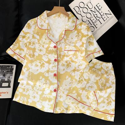 Ice Silk Pajamas Women'S Summer High-End Retro Luxury Flower Print Loungewear Short-Sleeved Suit