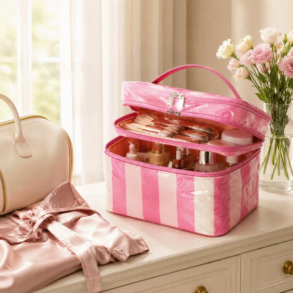 Wiederverwendbare Doppellagige Kosmetiktasche Glänzendes PVC Make-up-Organizer Gestreift Wasserdichte Kulturtasche Damen