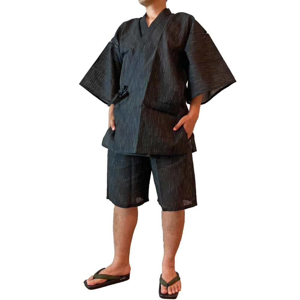 Kyoto Kimono Yuzen Men's Jinbei Kimono Set, Cool, Comfortable, and Soft for Summer (Black Thin Stripes, Size L)