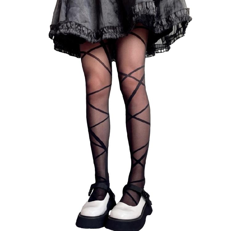 Women Japanese Style Silky Pantyhose Irregular Crossed Straps Patterned Tights