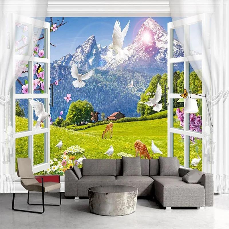 3d Window Snow Mountain Wallpaper Grassland Animal Landscape Photo Wall Murals Living Room Bedroom Wall Paper