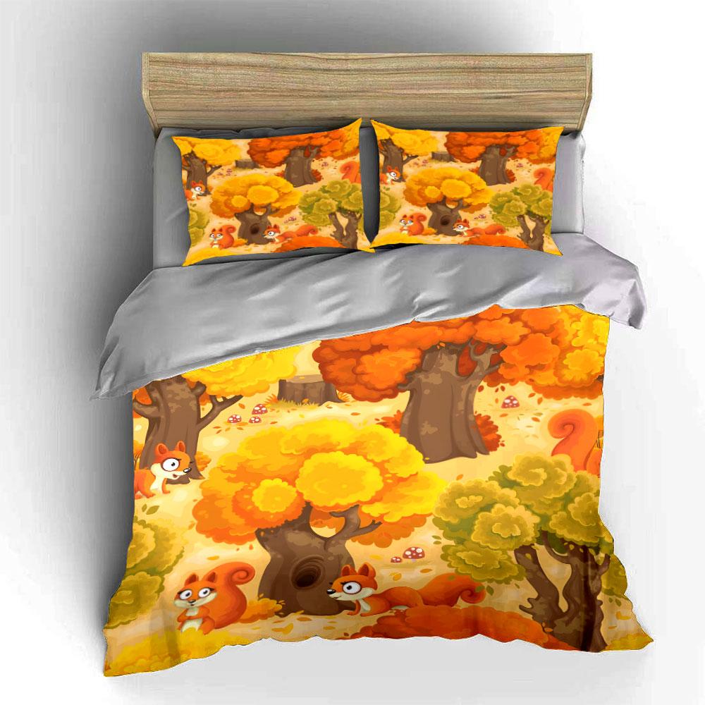 Autumn forest with squirrels. Print Bedding Set 1 Duvet Cover 2 Pillowcases for Adult and Children Luxury Gift Full Size