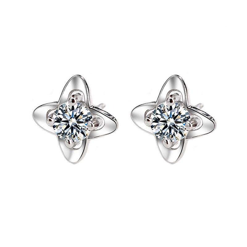 Sterling Silver Diamond-Inlaid Four-Leaf Clover Stud Earrings - Korean Style Jewelry for Women Pure Silver