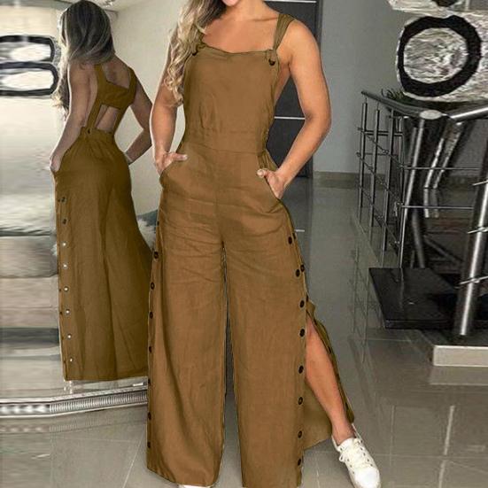 Women's Sleeveless Wide Leg Jumpsuit with Side Pockets And Button Closure Solid