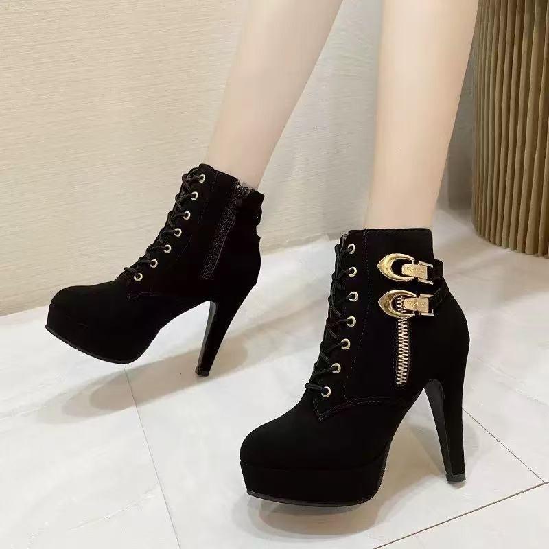New super high heels stiletto round head side zipper short boots women's lace-up large size Martin boots tide