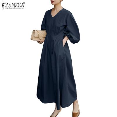 Women Casual V-Neck Loose Long Sleeve Solid Color Dress