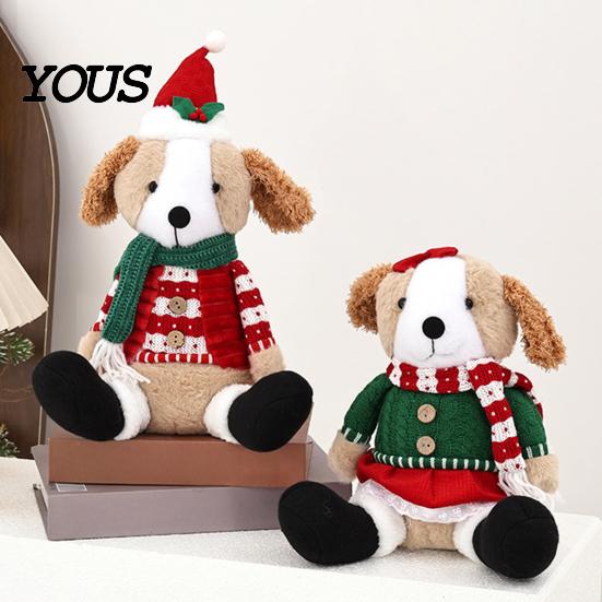Plush Dog with Sweater Christmas Stuffed Animal Toy, Soft Puppy Doll Santa Hat for Gift Scarf Table, Fireplace, Holiday Party Decor, Lovers