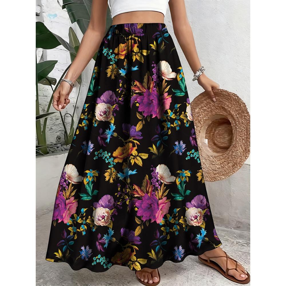 Plus Size, Elegant Floral Print Polyester Skirt - Casual A-Line, Non-Stretch Fabric, with Elastic Waistband and Ruffled Hem