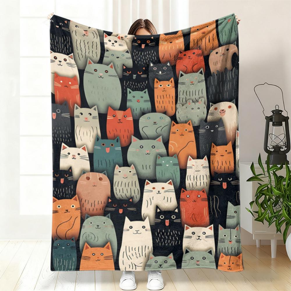 Cartoon Grid Collage Cat Portrait Throw Blanket,Bedroom Daily Relax Birthday Anniversary Pet Household Blessing Token