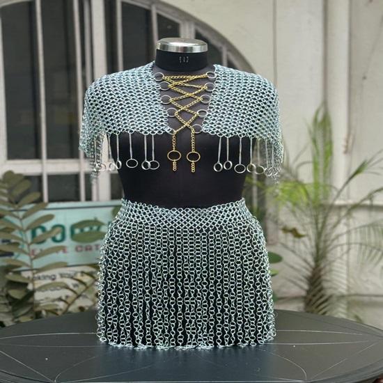 Silver Valkyrie Chainmail Armor Set for Women  Edgy Festival Outfit, Cosplay Costume,  Body Armor, Statement Top And Skirt