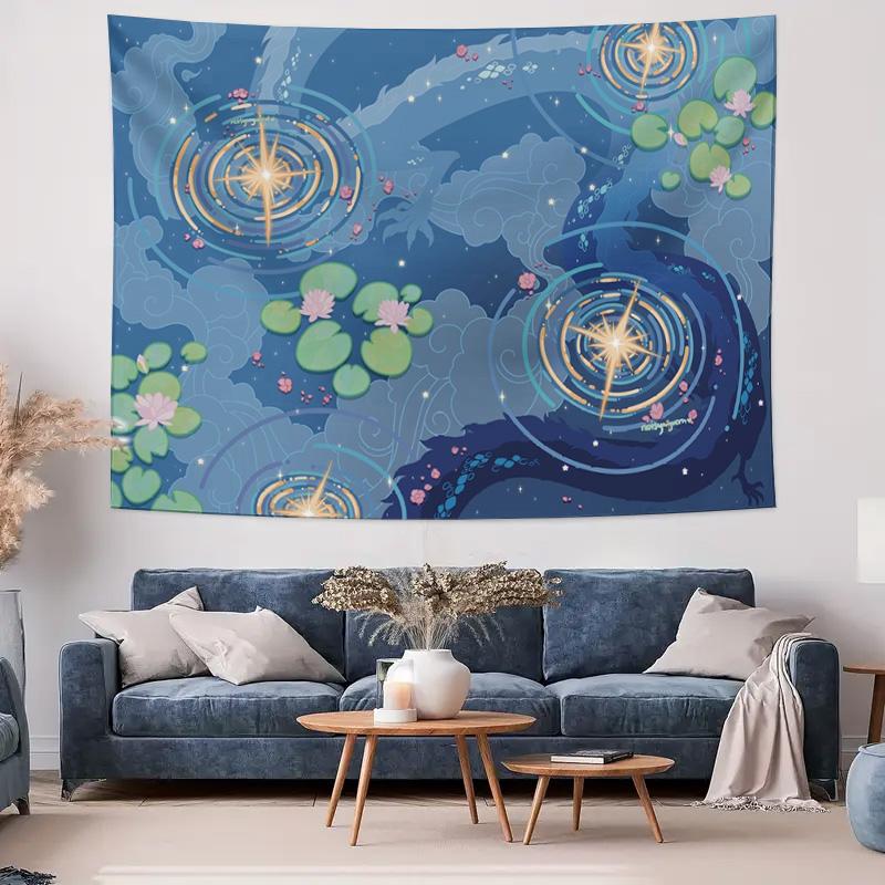 Синий Космический Лотосовый Пруд Звездный Свет Узор Настенный Гобелен Машинная Стирка Все Сезоны Декор Арт-Принт Фэнтези Природа Дизайн Дом 74x94cm(29x37in)