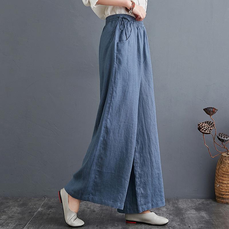 Frühlings- und Sommer-Literarische Baumwoll- und Leinenhosen Locker Große Größe Weiter Bein Hosen Hohe Taille Bodenlange Hosen Gerade Hosen Leinen Damen Hosen